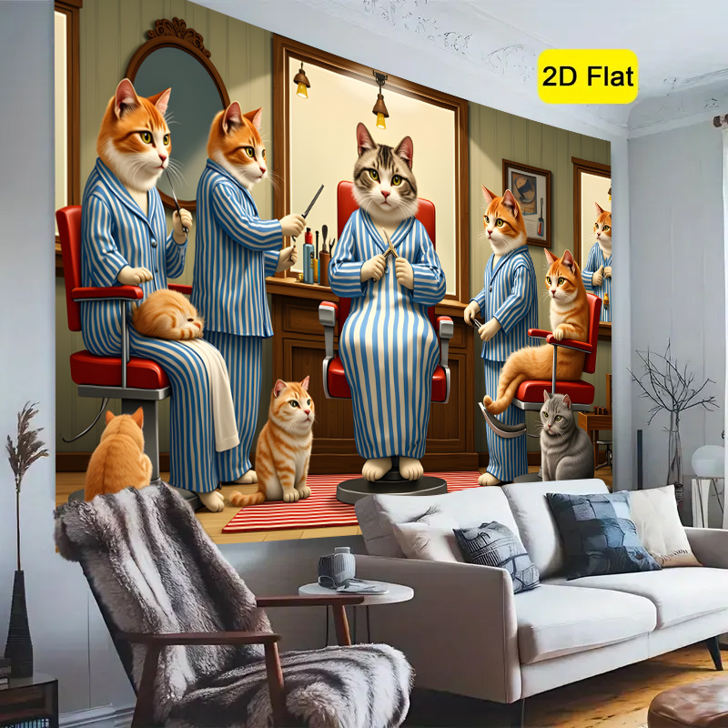 Men'S Grooming Room - Funny Cat Barber Shop Tapestry, Vintage